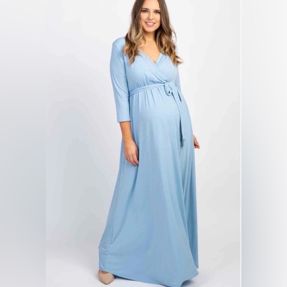 NWT Pink Blush Elegant Blue Maternity Maxi Wrap Dress Baby Shower Boy Mom Size M